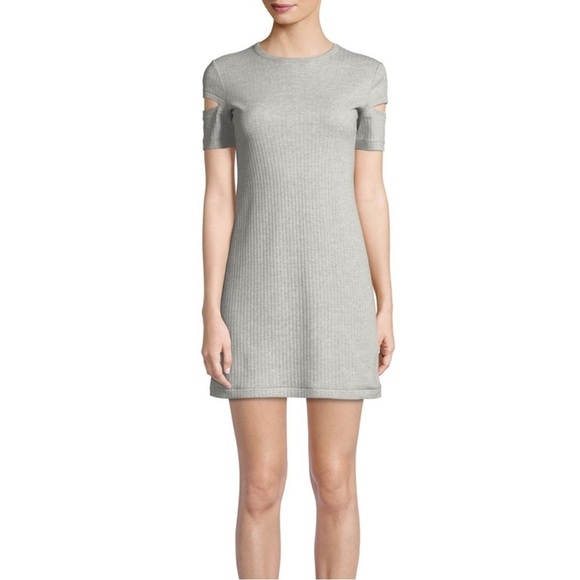 Helmut Lang Slashed Shoulder Ribbed Cotton Mini Dress Grey Small Bodycon - Picture 4 of 11